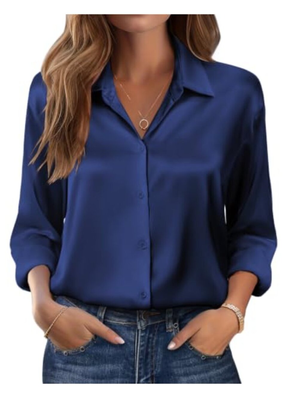 Satin Silk Button Down Blouse Women Dressy Casual Long Sleeve Office Work Tunic